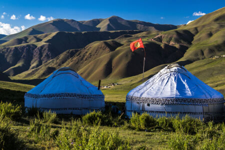 Yurts,In,Kyrgyzstan.,Evening,Near,Lake..